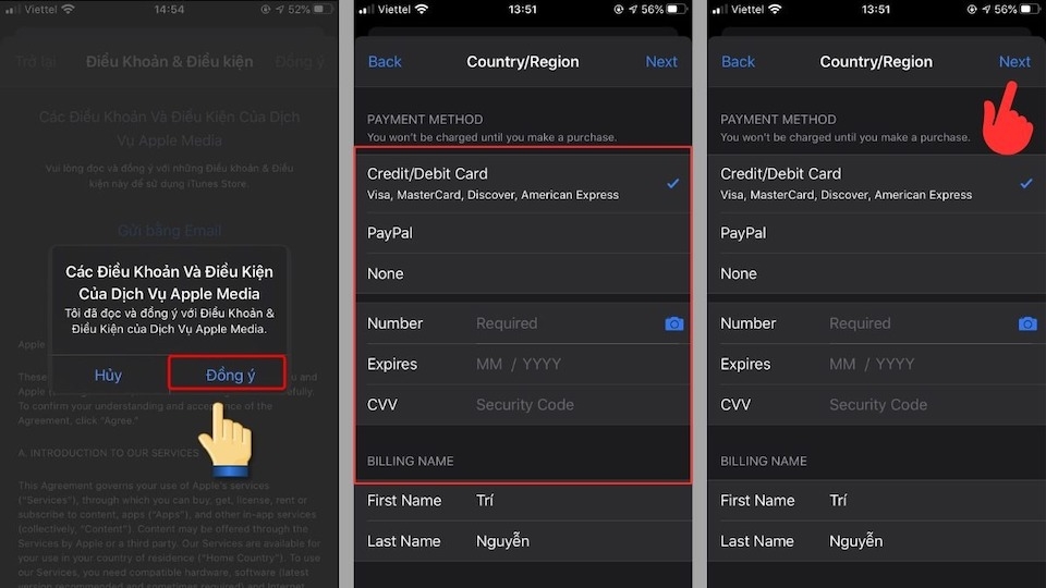 Bước 3: Đồng ý => chọn Phương thức thanh toán phù hợp=> điền thông tin rồi chọn Next .